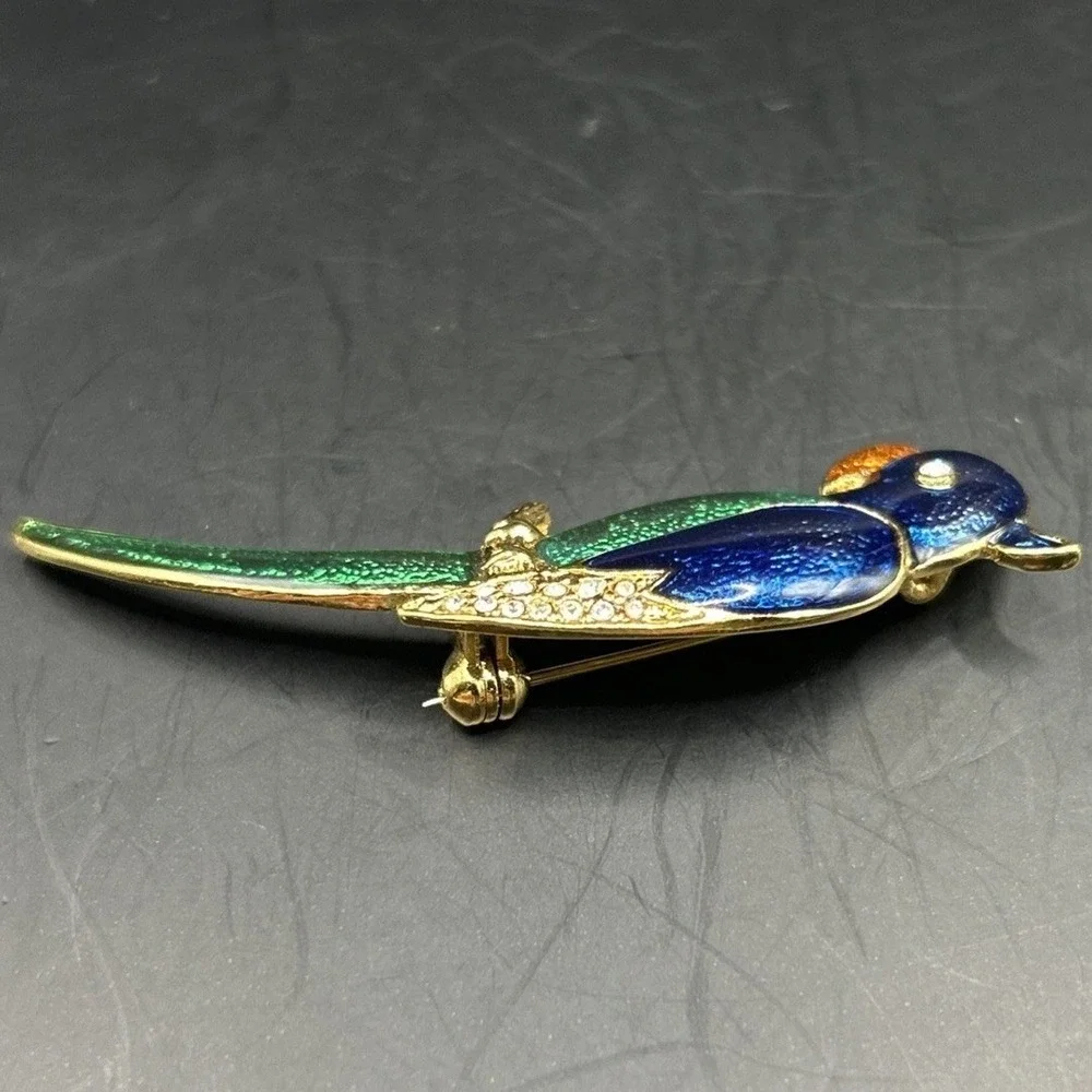 Vtg Enameled & Rhinestone Crystal Parrot Brooch Bird Pin Figural Blue Green